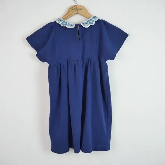 Mini Boden Girls Dress 6 7 Y Blue Cotton Short Sleeve Embroidered Collar Floral - Picture 6 of 7